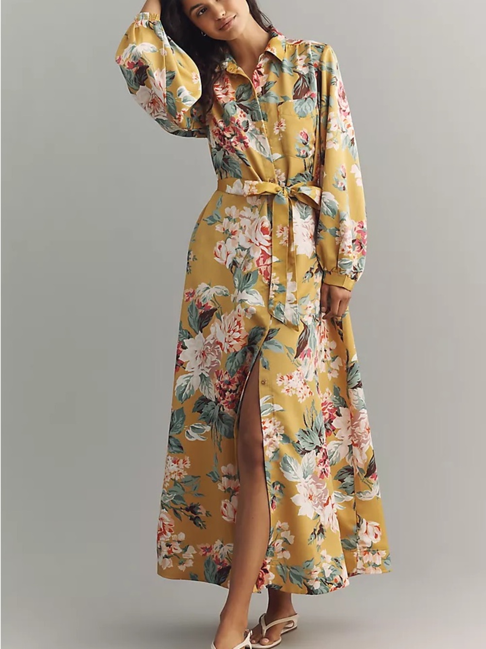 Maeve Floral Satin Maxi Dress in Mustard and Teal